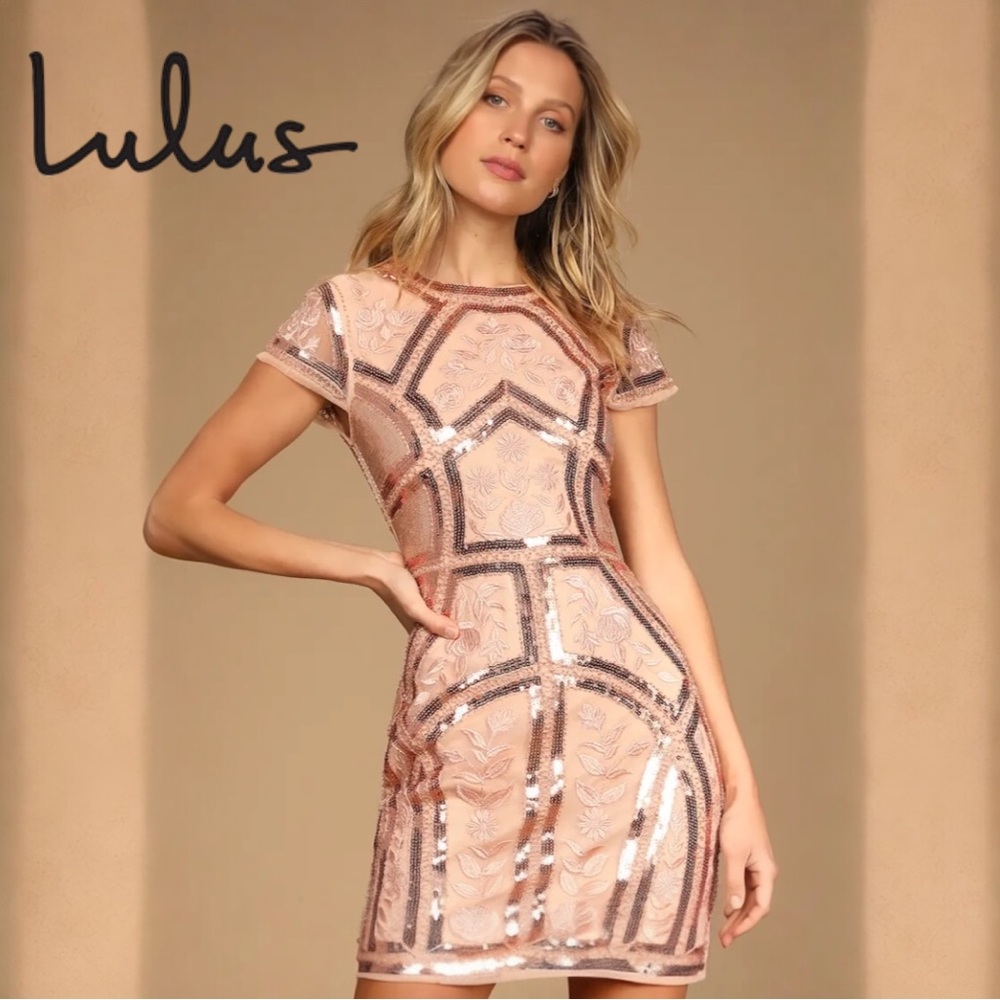 Lulu’s Mini Dress Spread Your Shine Rose Gold Sequin Embroidered Bodycon | Sz 2
